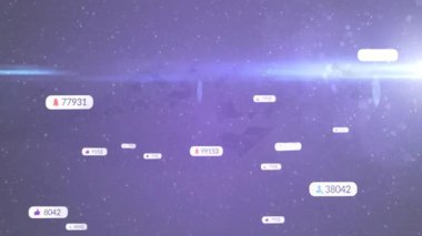 Sosyal medya baloncukları mor yıldızlı arka planda yüzüyor, ikonlar gibi çan profili sergiliyorlar. Dijital, fütüristik, enerjik, dalgın, kozmik, teknolojik, ağ oluşturma