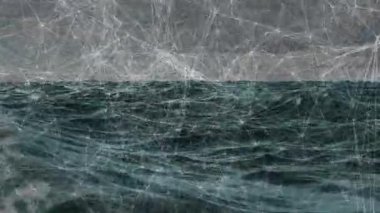 Dijital ağ örtüsü altında akan karanlık okyanus dalgaları veri ağı çizgileri ve düğümlerini gösteriyor. Denizci, teknoloji, fütüristik, soyut, bağlantı, dijital, fırtınalı