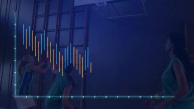Spor analitik bar çizelgesi ve çizelgesi olan basketbol takımı spor salonunda top sürüyor. Atletizm, takım çalışması, fitness, kentsel, enerjik, motivasyon, rekabet