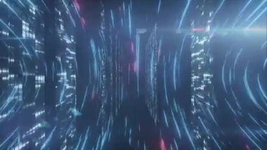 Fütürist veri tüneli akışı, parlak ızgara panelleri neon mavisi ve morumsu aksanlı. Gelecek, teknoloji, soyut, dijital, siber, neon, sanal