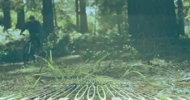 Orman yolu boyunca bisiklet süren adam, teknoloji temasını gösteren dijital ikili şebekeyi örtüyor. Macera, vahşi doğa, açık hava aktivitesi, dijital arayüz, veri görselleştirme, çevre dostu, modern teknoloji