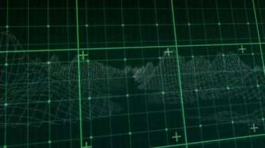 Tel çerçeve 3D dağ arazisi parlayan yeşil ızgara simülasyonu gösteriyor, düğümler ve işaretlerle. Gelecek, teknoloji, yenilik, veri, görselleştirme, sanal, soyut