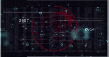 Fütürist arayüzde dönen kırmızı dijital küre beyaz kod sütunları ve mavi simgeleri gösteriyor. Fütüristik, teknoloji, veri, ağ, görselleştirme, soyut, sanal