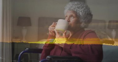 Üst düzey bir kadın elinde bardakla yatak odasında, sağlık çizelgesi ve gün batımı bandını gösteriyor. Yaşlılık, sağlık, rahatlık, huzur, yansıma, konfor, ortam