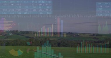 Yuvarlanan tarım alanlarında veri canlandırması, sayısal tabloyu, çizgi grafiğini, pasta grafiğini gösteriyor. Kırsal, peyzaj, tarım, tarım arazisi, grafikler, grafikler, analitik