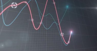 Çift renkli veri eğrileri üç boyutlu canlandırma arayüzünde parlayan dairesel işaretlerle canlandırılıyor. Fütürist, teknoloji, analitik, görselleştirme, dijital, neon, sanal