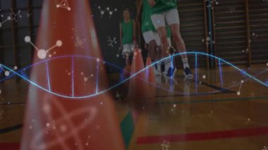 Takım spor salonunda çeviklik konileri eğitiyor, parlayan sarmallar ve spor teknolojisi için moleküler grafikler sergiliyor. Atletizm, fitness, yenilik, takım çalışması, spor, dijital, enerji