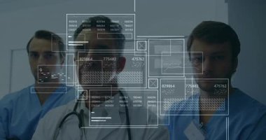 Tıbbi ekip klinik koridorda duruyor, yüzen dijital veri panelleri ve stetoskop gösteriyor. Sağlık, teknoloji, profesyonellik, teşhis, işbirliği, yenilik, fütürist