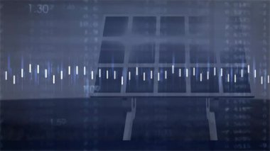 Veri çubuklarının üzerinde yüzen stilize güneş paneli düz tasarımda sayısal örtüler gösteriyor. Teknoloji, yenilik, analitik, fütürist, dijital, veri görselleştirme, yenilenebilir