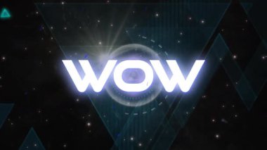 Parlayan WOW metni kozmik yıldız alanında yüzüyor, düz tasarım çok renkli parçacık hareketi ekliyor. Parlaklık, fütürizm, dijital sanat, gece gökyüzü, soyut, canlı, uzay