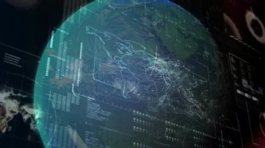 Holografik Dünya küresi, kıta haritaları ve veri tablolarını göstererek HUD 'de görselleştiriliyor. Futuristik, teknoloji, veri, arayüz, dijital, yenilik, görselleştirme