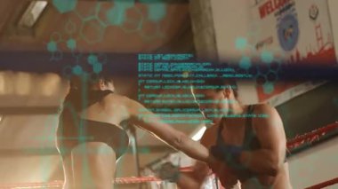 Ringde kırmızı mavi eldiven giymiş kadın boksörler fitness teknolojisi için altıgen grafikler gösteriyor. Eylem, atletizm, fitness, rekabet, güç, kararlılık, dijital