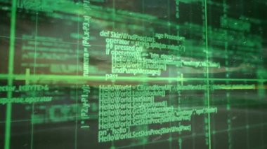 Alacakaranlık sahili deniz manzarası şeffaf yeşil dijital şebeke ile 3 boyutlu olarak görüntüleniyor. Manzara, teknoloji, bilimsel, soyut, fütüristik, ruhani, görselleştirme