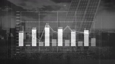 Veri görselleştirmesi ufuk çizgisi ve çimenler üzerinde, açık çubuklar ve çizgi grafikleriyle gösteriliyor. Soyut, analitik, yenilik, dijital, teknoloji, kentsel, sürdürülebilirlik