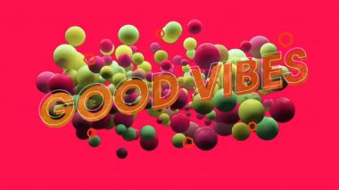 Pembe arka planda süzülen, çok renkli üç boyutlu kürelerin yüzen kümesi, güzel VIBES metinleri sergiliyor. Fütürist, enerjik, minimalist, dijital, pozitif, enerjik, soyut