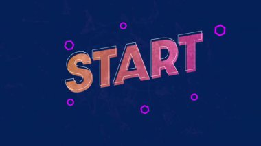 Koyu donanma arka planında parlayan START harfleri, morumsu şekilli düz dizayn ağını gösteriyor. Dijital, fütüristik, canlı, teknoloji, yenilik, soyut, bağlantı