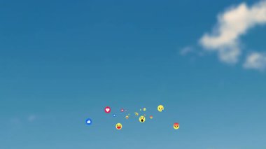 Sosyal medya tepkisi emojileri açık mavi gökyüzünde canlı düz tasarım tarzını göstererek süzülüyor. Dijital simgeler, iletişim, renkli, modern, kentsel, anlamlı, damgalama