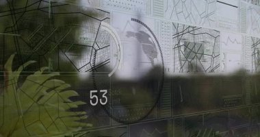 Dijital HUD kaplaması şehir parkının üzerinde akıyor, dairesel tarama çemberi gösteriliyor, veri panelleri 3 boyutlu. Gelecekçi, yenilikçi, teknoloji, kentsel, doğa, analitik, arayüz