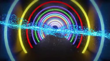 Neon kemerleri karanlık dijital tünel boyunca geri çekiliyor, parlayan cyan parçacıkları dinamik kontrastlar yaratıyor. Fütürist, soyut, enerjik, sürükleyici, teknoloji, dijital sanat, hareket