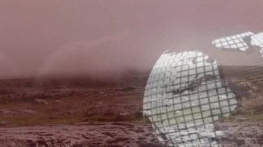 HUD ızgarası kayalık çöl ovalarını 3 boyutlu biçiminde pembe sislerin altında renklendirir. Kurak, çorak, sürrealist, gelecekçi, dijital, soyut, dayanıklı