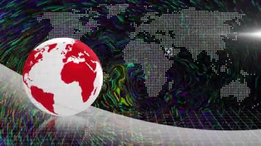 Parlak kıvrımlı platformda dönen beyaz küre girdap çizgilerinin üzerindeki noktalı dünya haritasını gösteriyor. Küresel, veri görselleştirme, fütüristik, teknoloji, dijital, animasyon, yenilik