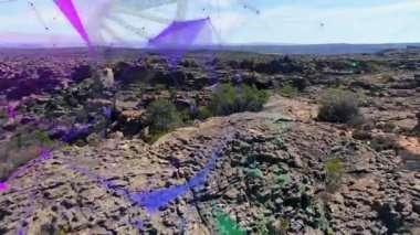 Üç boyutlu ağ, kayalık platoyu, kanyona bakan çalılarla örtüyor, mor yeşil düğümleri birbirine bağlıyor. Teknoloji, yenilik, fütürizm, manzara, dijital, soyut, bağlantı