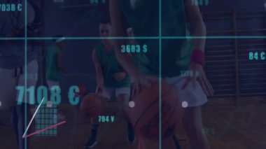 Spor salonunda basketbol antrenmanı yapan takım. İçinde çizelgeler ve sembollerle dijital finans paneli var. Atletik, takım çalışması, fitness, spor, eğitim, rekabetçi, modern