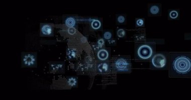 Sanal ortamda süzülen holografik arayüz düz tasarımda HUD grafikleri ve haritaları gösteriyor. Fütürist, sürükleyici, veri görselleştirme, teknoloji, dijital, arayüz, analitik