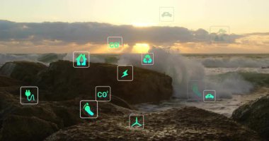 Gün batımında, yüzen enerji simgeleriyle hareketli dalgalar ve çarpışan dalgalar düz tasarımla canlandırılıyor. Deniz manzarası, sürdürülebilirlik, yenilenebilirlik, korunma, doğal, çevresel, soyut