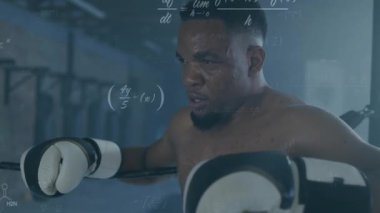 Erkek boksör boks ringlerinde dinleniyor, sağlık için yüzen bilim formülleri sergiliyor. Atletik, kararlılık, kentsel, dinamik, performans, güç, konsantrasyon