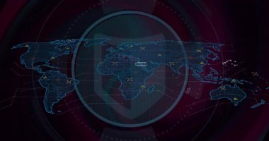 Merkezi konsantre HUD halkaları, şeffaf dünya haritası üzerinde dönerek, altıgen şebeke veri işaretlerini gösterir. Gelecek, arayüz, veri görselleştirme, teknoloji, dijital, siber, analitik