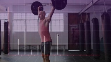 Fitness jimnastik salonunda halteri kaldıran adam animasyon veri noktaları ve şebeke örtülerini gösteriyor. Dayanıklılık eğitimi, fitness, endüstriyel, halter, performans, sağlık, hareket