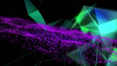 Karanlık uzayda süzülen mor parçacık dalgalarını gösteren 3D çizim, yeşil çokgen ağı oluşuyor. Soyut, dijital sanat, fütürist, geometrik, bilim kurgu, teknoloji, görsel efektler