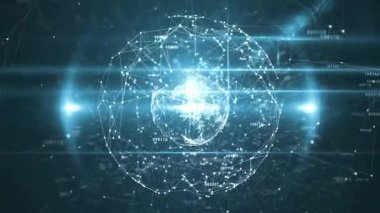 Karanlık dijital alanda parlayan ve yüzen merkezi ağ küresi, akışkan sayısal verileri gösterir. Gelecek, teknoloji, yenilik, dijital, soyut, veri, ağ