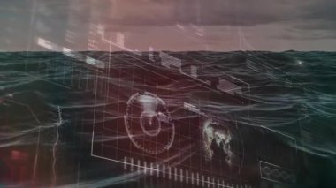 Kızıl alacakaranlık gökyüzünün altında parlayan okyanus yüzeyi radyal radar, çubuk çizelgeleri ve kılavuz çizgileri gösteriyor. Futuristik, deniz, teknoloji, veri görselleştirme, dijital, soyut, okyanussal