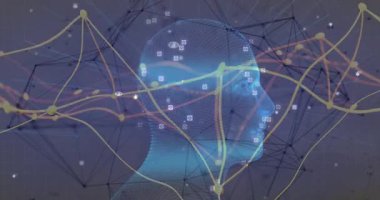 Sarı turuncu ağ hatları akarken mavi ağ kafasının parlaklığını gösteren 3D görüntüleme. Fütürist, dijital, teknoloji, bağlantı, yenilik, soyut, ağ