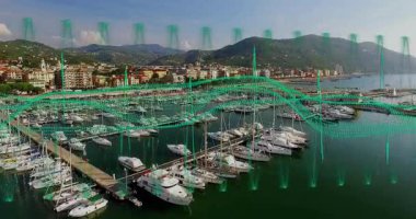 Yelkenli ve motorlu yat kümeleri marina sularında süzülerek dijital 3D dalga biçimini gösteriyor. Denizci, lüks, minimalist, ulaşım, sahil, dijital, manzaralı
