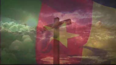 Kamerun üç renkli animasyon ahşap haç şeklini bulutların üzerinde düz bir şekilde yüzen yıldızla örtüyor. Din, vatanseverlik, maneviyat, umut, sükunet, dini semboller, ulusal gurur