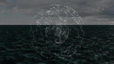 3D kablo ağ küresi, veri etiketleriyle kaplı gökyüzü altında okyanus üzerinde yüzüyor. Fütürist, dijital, soyut, teknoloji, görselleştirme, yenilik, bağlantı