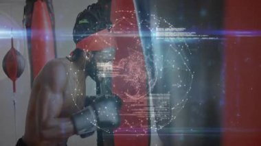 Erkek boksör spor salonunda veri akışlı holografik teknoloji ağını gösteriyor. Sporcu, fitness, digital, innovation, strength, training, technology