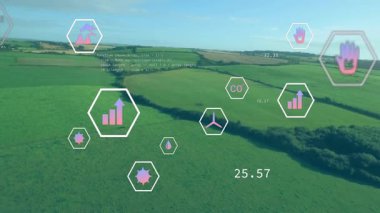 Yüzen altıgen simgelerini gösteren ve AR 'ın düz dizayn edilmesiyle tarımsal alanlar canlandırılıyor. Drone, peyzaj, teknoloji, sürdürülebilirlik, dijital, yenilik, kırsal