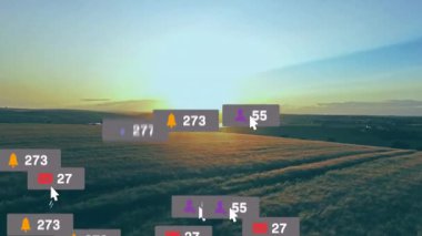 Yüzen sosyal medya simgeleriyle gün batımına doğru uzanan üç boyutlu altın ekin alanı. Manzara, manzara, tarım, dron, dijital bağlantı, doğa