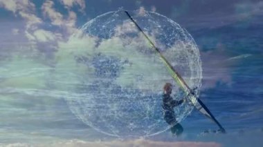 Dalgalı okyanusta rüzgar sörfü yapan bir adam, ağ küresi pazarlamacılar için teknoloji temasını betimliyor. Macera, keşif, yenilik, teknoloji, bağlantı, açık hava, dinamik