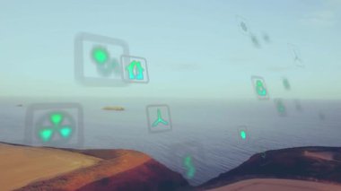 Yüzen yeşil çevre simgeleri rüzgar türbini, geri dönüşüm, karbon monoksit, sakin deniz kayalıkları üzerindeki ev gösteriyor. Doğa, sürdürülebilirlik, yenilenebilirlik, eko, iklim, koruma, sükunet