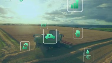 Yeşil teknoloji simgeleri düz tasarım içinde yüzerken hasatçıları gün batımında buğday keserken birleştirin. Tarım, sürdürülebilirlik, çevre dostu, otomasyon, yenilenebilir, ufuk, kırsal