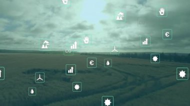 Çevresel analizleri yeşil yassı tasarım simgeleriyle yüksek görüş alanında gösteren tarımsal alan. Sürdürülebilir, ekoloji, analitik, manzara, yenilenebilir, tarım, veri görselleştirme