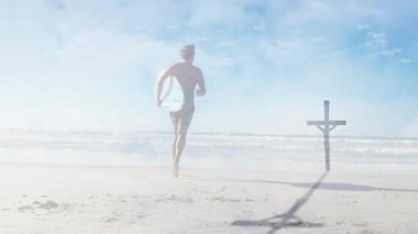 Sörf tahtası ile kıyıya doğru koşan erkek sörfçü animasyon sağlık verileri, kalp ikonu gösteriyor. Plaj, sörf, sahil, açık hava, macera, canlılık, rahatlama