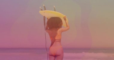 Sahilde sarı sörf tahtası kaldıran bir kadın. Animasyon sağlık verileri örtüyor. Doğa, macera, fitness, canlı, ilham, boş zaman, seyahat
