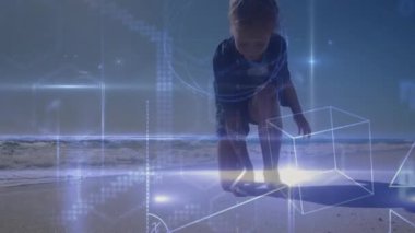 Kadın kumsalda diz çöküyor, holografik geometri ve matematik denklemlerini keşfediyor. Fütürist, yenilikçi, dijital, bilim, teknoloji, artırılmış, kavramsal