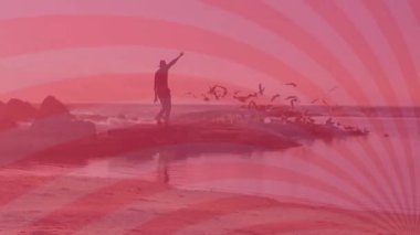 Kayalık plajda kol genişliği olan bir adam martı uçuş rotalarını haritalandıran animasyon teknolojisiyle donatır. Macera, keşif, sükunet, minimalizm, sahil, siluet, çöl